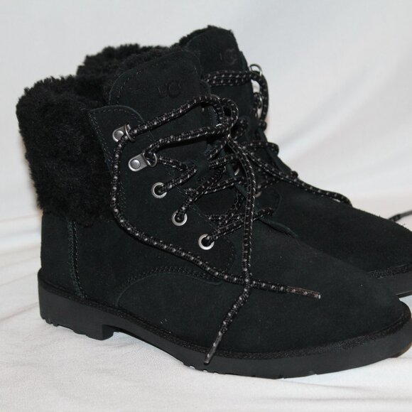 NIB UGG WOMEN'S ROMELY HERITAGE LACE UP SUEDE SHEARLING LINED BOOTS BLACK - Picture 6 of 8